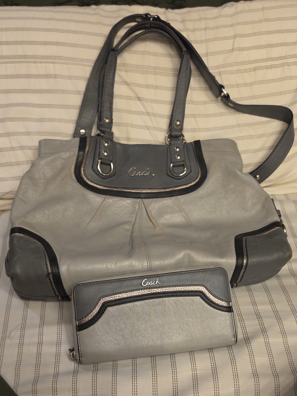 Coach Gray Leather Tote Bag with Matching Wallet